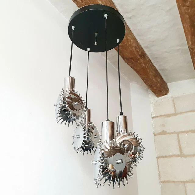 Lustre Suspension Cascade 1970 Vintage An Acier & Plastique Argente 70S 70'S