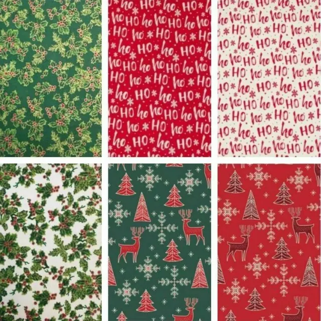 100% Cotton Christmas Fabric Reindeer Holly Xmas Sewing Craft Red Green Material