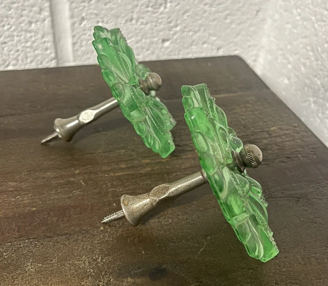 Pair of Uranium Vaseline Glass Flower Curtain Tie Backs with Hardware RARE 3