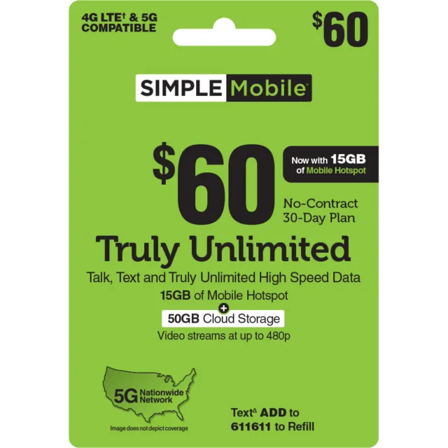 SIMPLE Mobile $60 Truly Unlimited Talk,Text,Data +ILD Plan [Email Delivery]