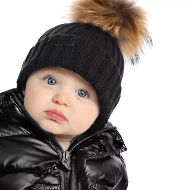 SALE! AKA&Co. New Baby Boys Girls Black Knit Beanie Raccoon Fur Pom Pom Hat