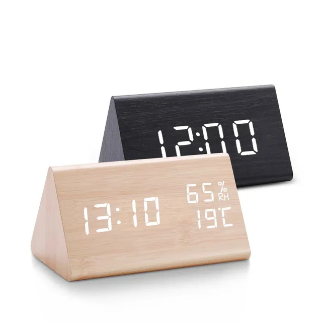 DIGITAL CLOCK LED Wooden Alarm Clock Table Sound Control Electronic