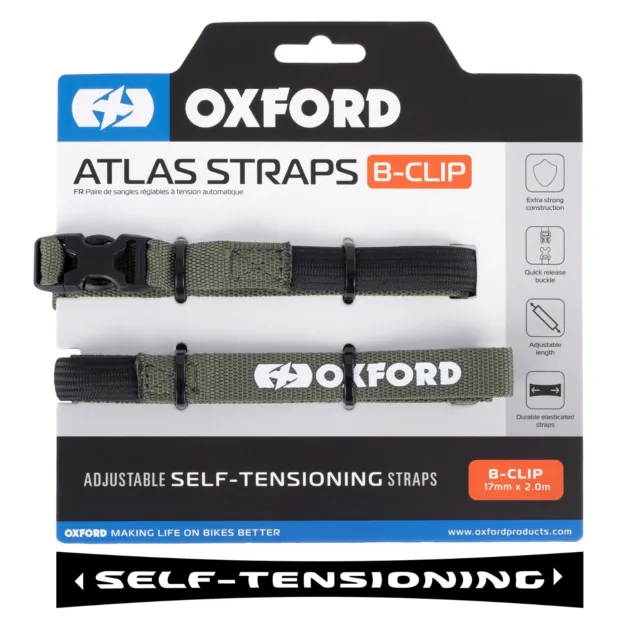 Oxford Atlas Motorcycle Motorbike Luggage Straps B-Clip 17mm x 2.0M Lichen Pair