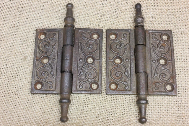 2 Old Door Hinges 2 1/2 X 2 1/2" Antique Steeple Top Tip Clean Vintage Cast Iron