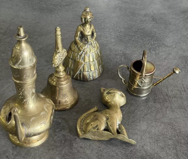 Vintage Job Lot brass ornaments, table bell, Indian Kettle, Cat, Can & Lady