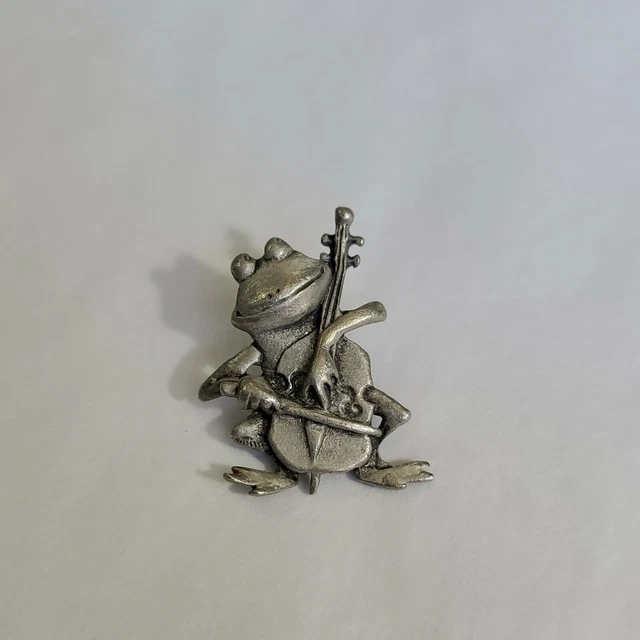 JJ Jonette Frog Playing Chello Lapel Hat Jacket Pin