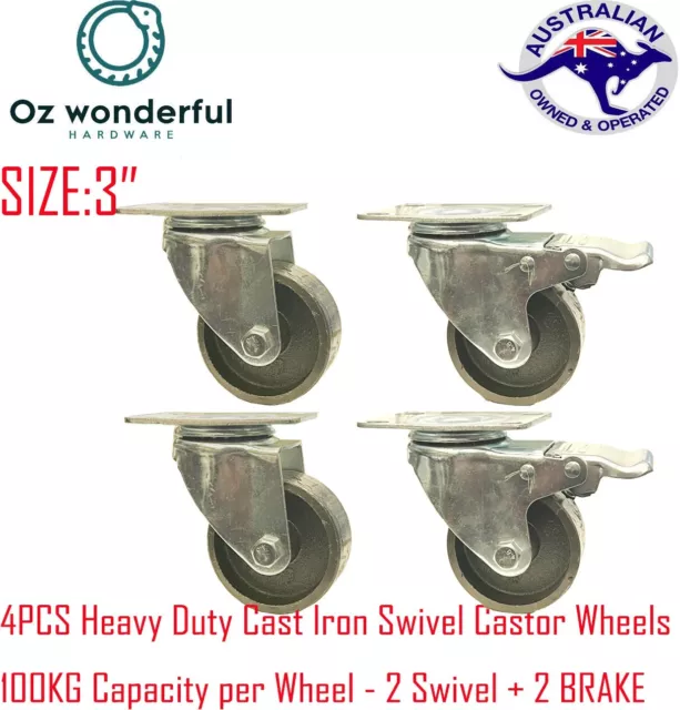 3" Cast Iron set Heavy Duty Castor Wheel Steel Caster Wheel 90KG Swivel brake