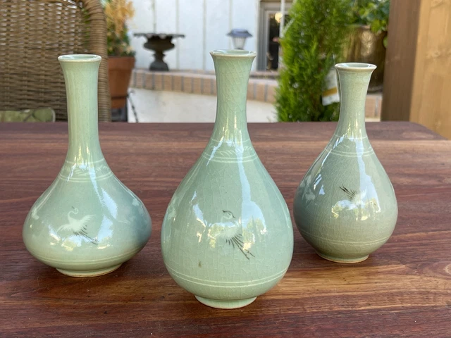 Vintage Korean Celadon Flying Crane Bud Vases - Set of 3