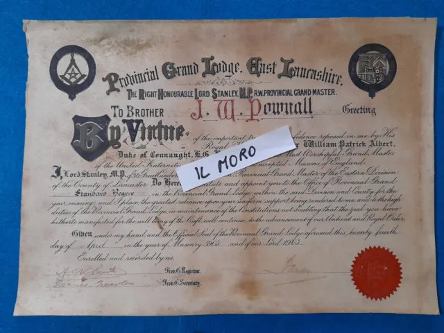 Massoneria "Provincial Grand Lodge Dast Lancashire"  Inghilterra - Anno 1924.