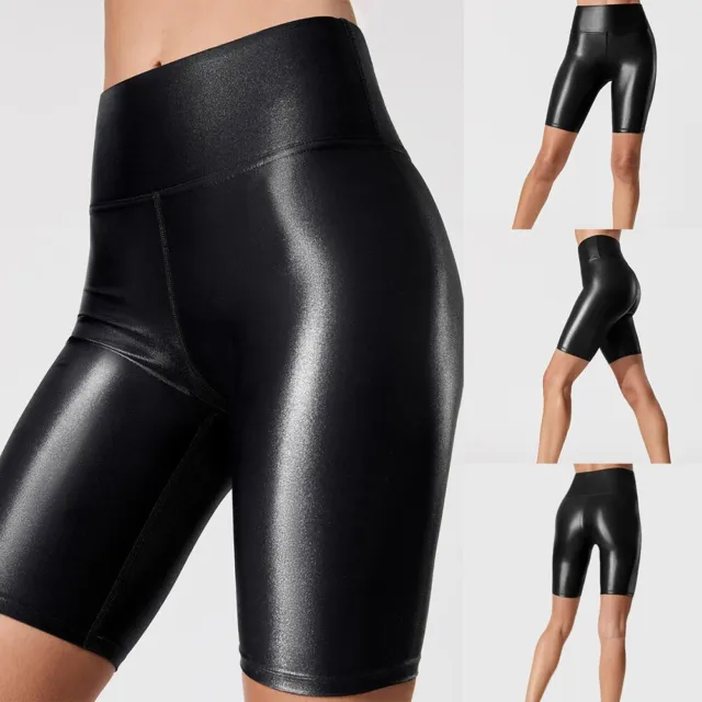 Pantaloni caldi neri donna sexy look bagnato elasticizzati pelle PU pantaloncini