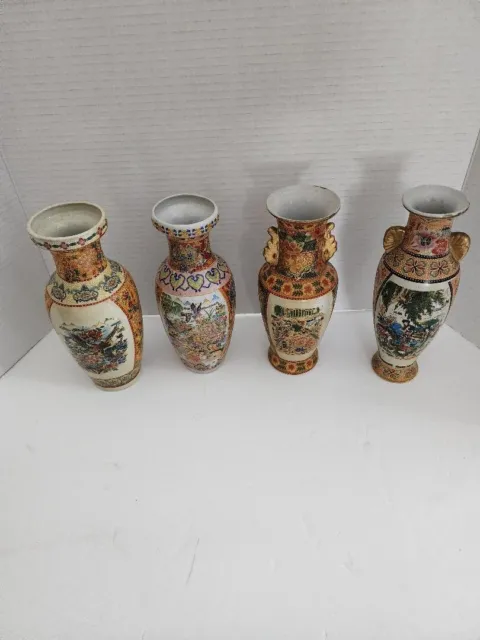 4- NICE ANTIQUE ORIENTAL POTTERY TRANSFERWARE VASE's, HAND ENAMELED ACCENTS