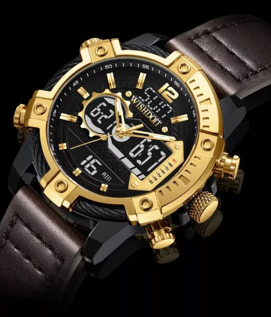 WISHDOIT  Men's Casual Sports Top Luxury Brand Military Leather Watch Waterproof