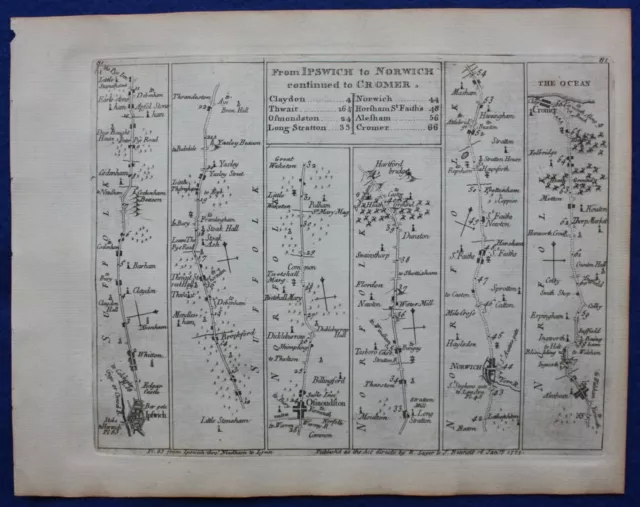 IPSWICH, NORWICH, CROMER, NORFOLK, Pl 81, antique road map, Jefferys, 1775