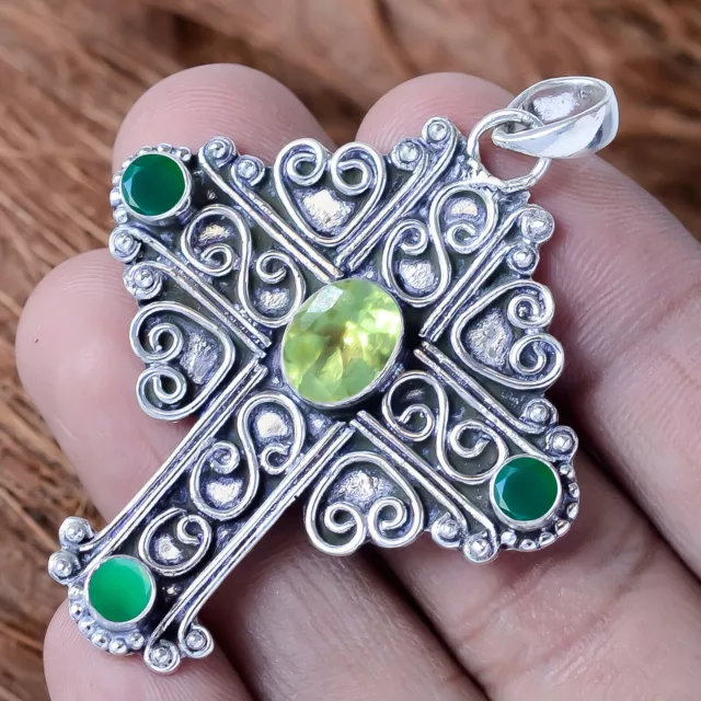 Peridot Cut, Green Onyx Gemstone Pendant 925 Sterling Silver Cross Jewelry 2