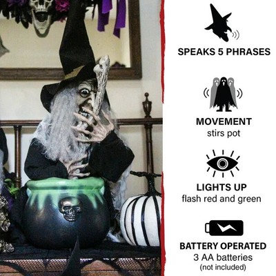 ANIMATED WITCH CARRYING Broom On Top Of Haunted House-Button Operated