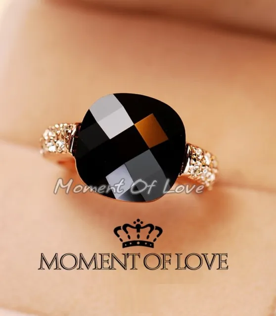 Elegant Black "Tombarthiter" Stone Silver/Yellow Gold GP Engagement Wedding Ring