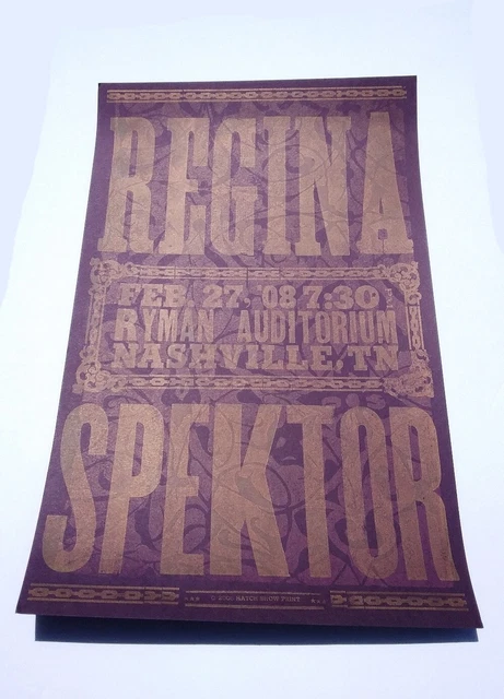 REGINA SPEKTOR 2008 Ryman HATCH SHOW PRINT Nashville Concert Tour Poster REGINA SPEKTOR 2008 Ryman HATCH SHOW PRINT Nashville Concert Tour Poster