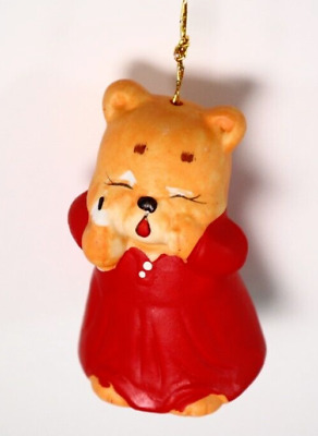 Vintage Sleepy Bear Ceramic Bell Ornament With Box Made In Taiwan Red & Tan