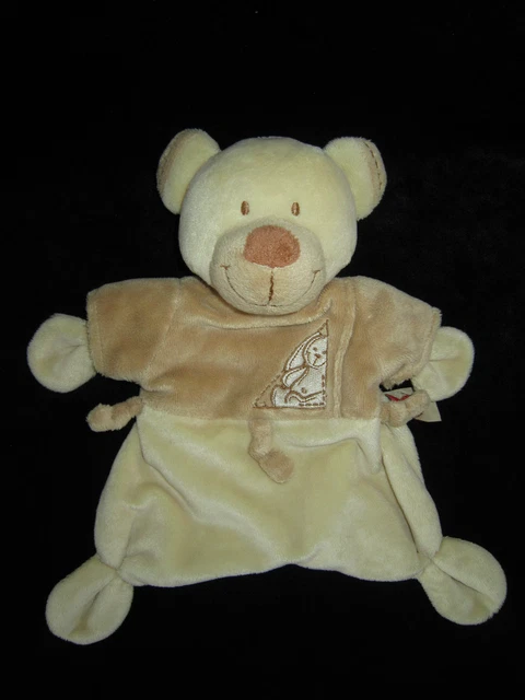 Doudou plat Ours écru beige marron Nicotoy Lapin brodé 3 noeuds 25 cm
