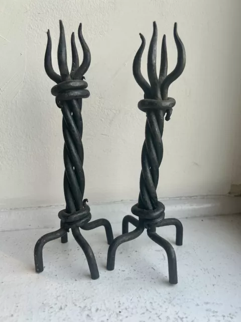 Antique American Hand Wrought Iron Candleholders Found In New England 7 1/2”