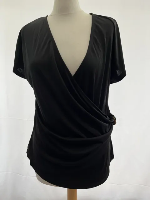 top new Look maternity size 10 black polyester short sleeve v neck wrap