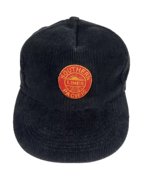 Vtg Southern Pacific Lines Corduroy Snapback Hat Cap Black Railroad Logo