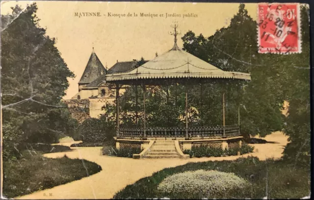 CPA 53 Mayenne 1911 Kiosque de la Musique et Jardins publics. Semeuse 10c rouge.