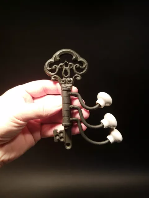 Antique Vintage Style Cast Iron Key Swivel Hook W Porcelain Knobs