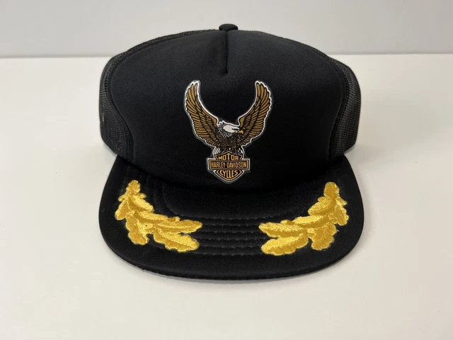 Casquette Trucker Vintage Harley‑Davidson Années 80 – Snapback Réglable – Drapeau USA – Noir Orange Blanc