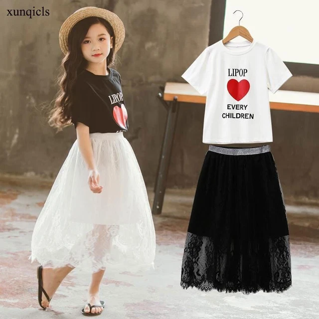 T-Shirt E Gonna di Pizzo Abiti Manica Corta Vestiti Set Per Ragazza Principessa