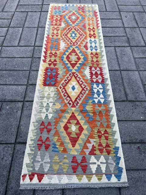 Handmade Afghan Hallway Runner Kilim 250 X 78 cm Persian Tribal Rug Wool Kelim