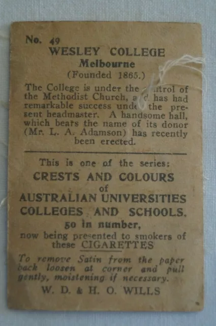 Vintage 1910's Wills Silk School Crests Wesley College Melbourne Victoria 2