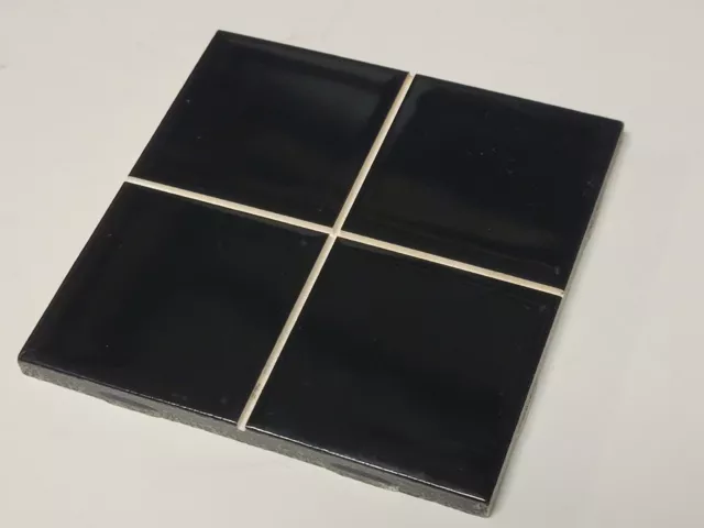 Vtg One American Olean Ceramic Tile - Black Gloss Divided 4.25" Square NOS NEW