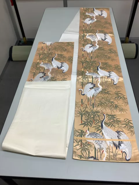 Japanese Vintage Kimono Fukuro Obi pure silk gold expensive crane 171.6x11.8in