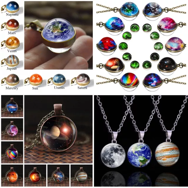 Glow in the Dark Galaxy System Double Side Glass Planet Pendant Necklace Jewelry