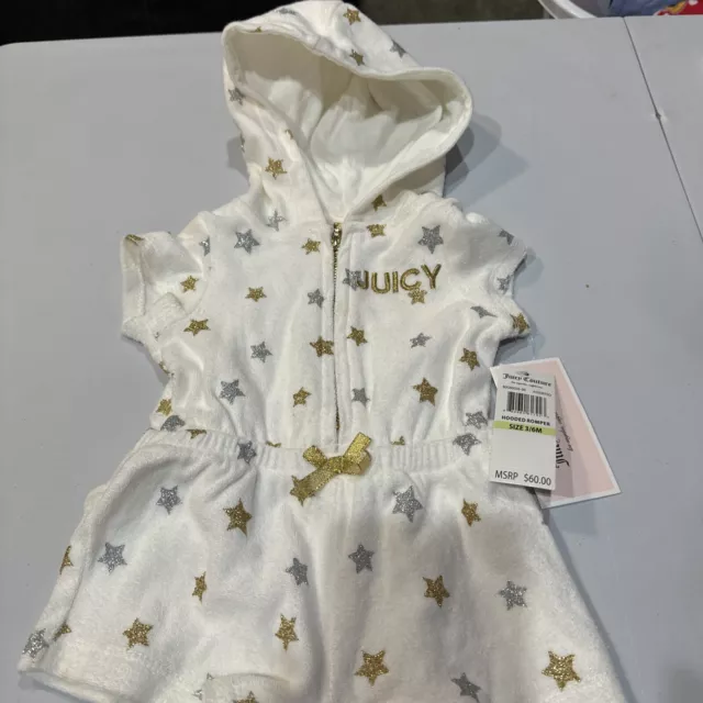 Juicy Couture  Little Girl's Metallic Star Terry Hooded Romper Size 3-6M NWT