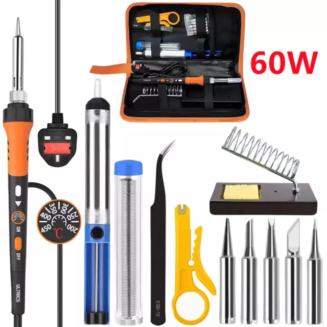 Soldering Iron Kit Gun 60W Adjustable Temperature Irons Tips Solder Wire UK Plug