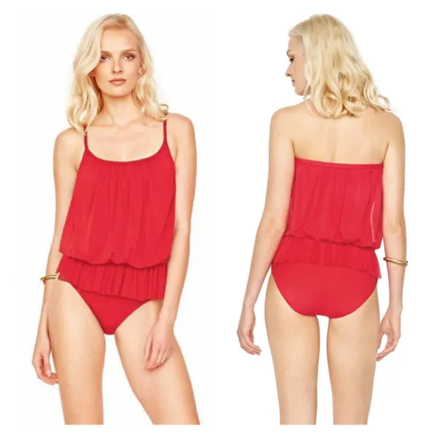 Gottex Lattice Red Mesh Blouson Bandeau One Piece Swimsuit Bathing Suit Size 10