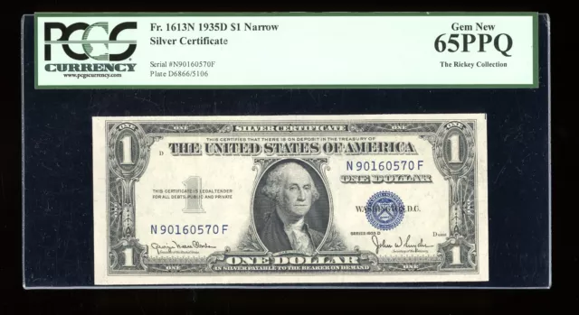 DBR 1935-D $1 Silver Fr. 1613N Narrow Gem NF Block PCGS 65 PPQ Serial N90160570F