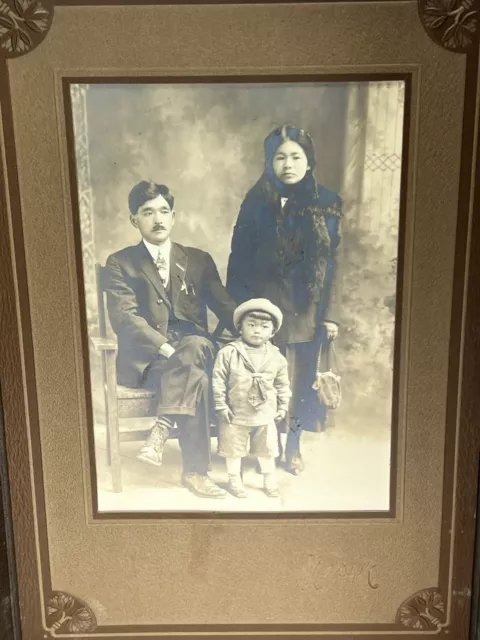 1900s Japanese family  Black & White Photograph Gelatin Silver Mounted embossed