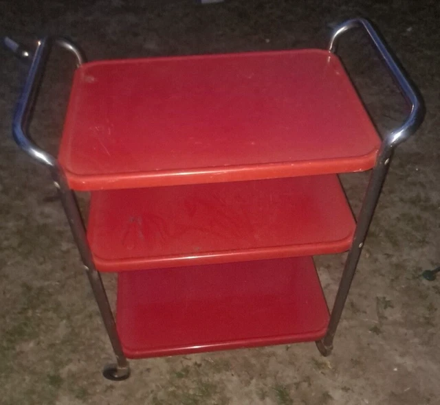 Vintage Cosco Kitchen Utility Bar Cart- 3 Tier Red Chrome Vintage Cosco Kitchen Utility Bar Cart- 3 Tier Red Chrome