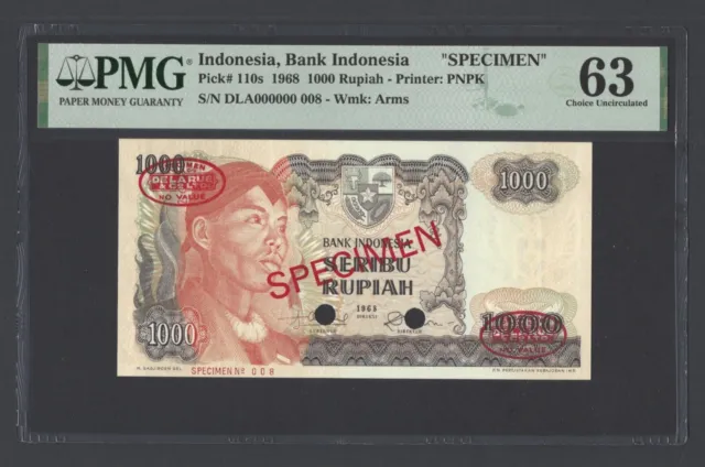 Indonesia 1000 Rupiah 1968 P110s "Specimen N.008" Uncirculated Grade 63