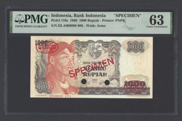 Indonesia 1000 Rupiah 1968 P110s "Specimen N.008" Uncirculated Grade 63