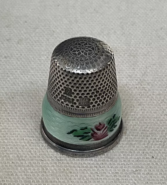 Enamel Guilloche Sterling Silver Thimble German Size 7 Green Roses T01