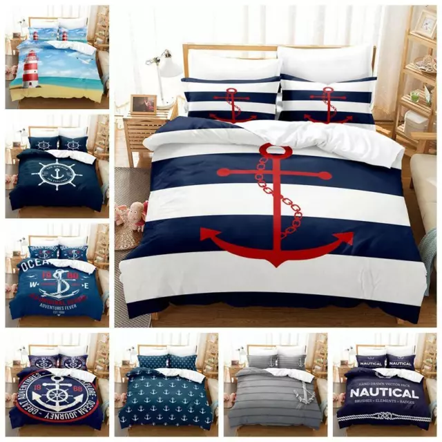Anchor Navy Doona Quilt Duvet Cover Set Pillowcase Single Double Queen Size Bed
