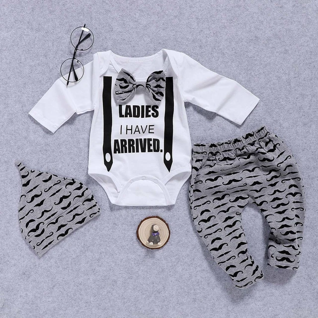 Top Romper Neonato Bambino Gentleman + Pantaloni + Cappello 3 pezzi Abiti Set Abbigliamento 3