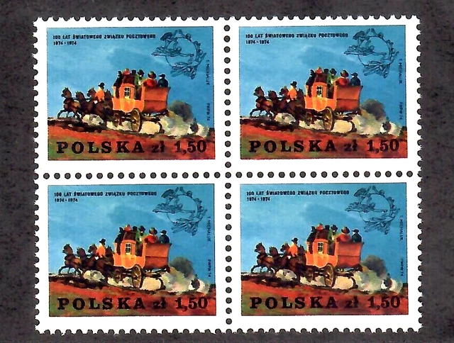 Poland Sc#2029 MNH Block of 4 Mail Coach and UPU 1974