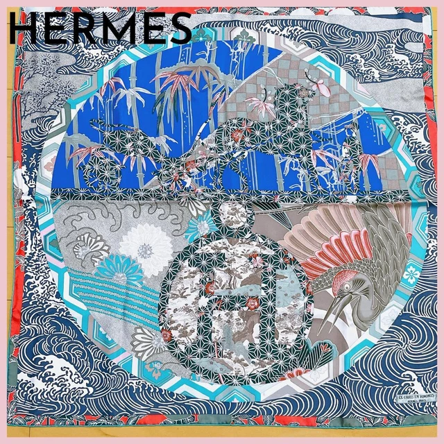 HERMES Scarf Carre90 Blue EX-LIBRIS EN KIMONOS PARIS Silk 100% W/Box From Japan! HERMES Scarf Carre90 Blue EX-LIBRIS EN KIMONOS PARIS Silk 100% W/Box From Japan!