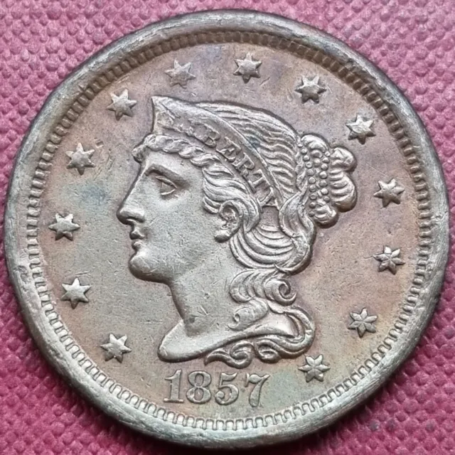 1857 Braided Hair Large Cent 1c Key Date High Grade AU + Details #69081