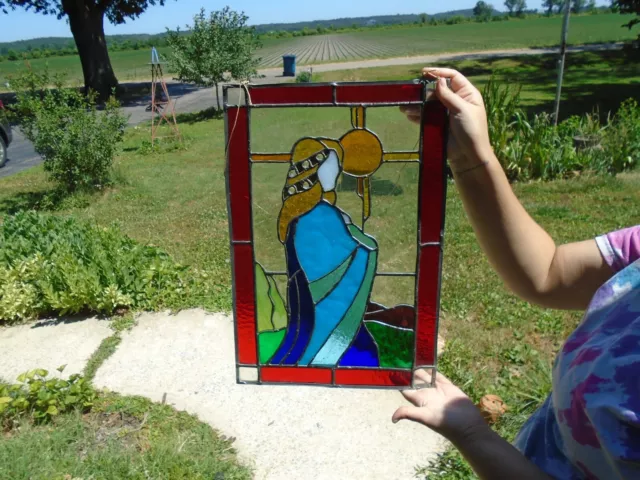 Mary ? Stained Glass Window Panel 19" x 12.5" Suncatcher small flaw Leaded trim
